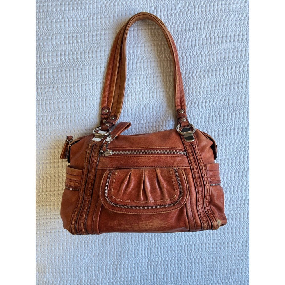 Y2K B. Makowsky Purse Cognac Leather Shoulder Bag Zipper Indie Sleaze Grunge
